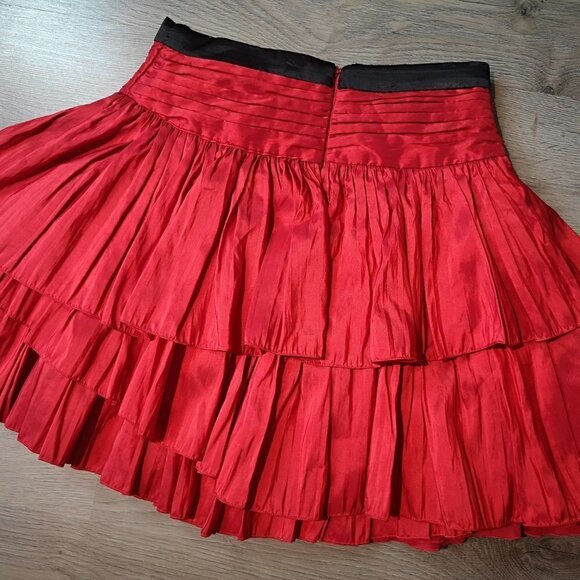 Women's Vintage Upcycled Taffeta RED Pleated Multi-tiered Mini Skirt - Picture 12 of 16